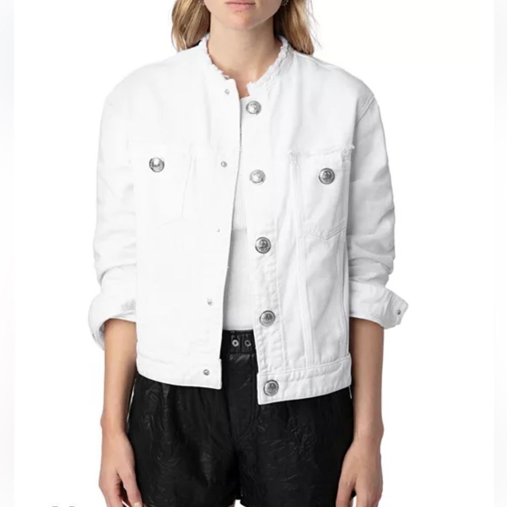 $398 Zadig & Voltaire Kaely Destroy Denim Jacket in White NWT small